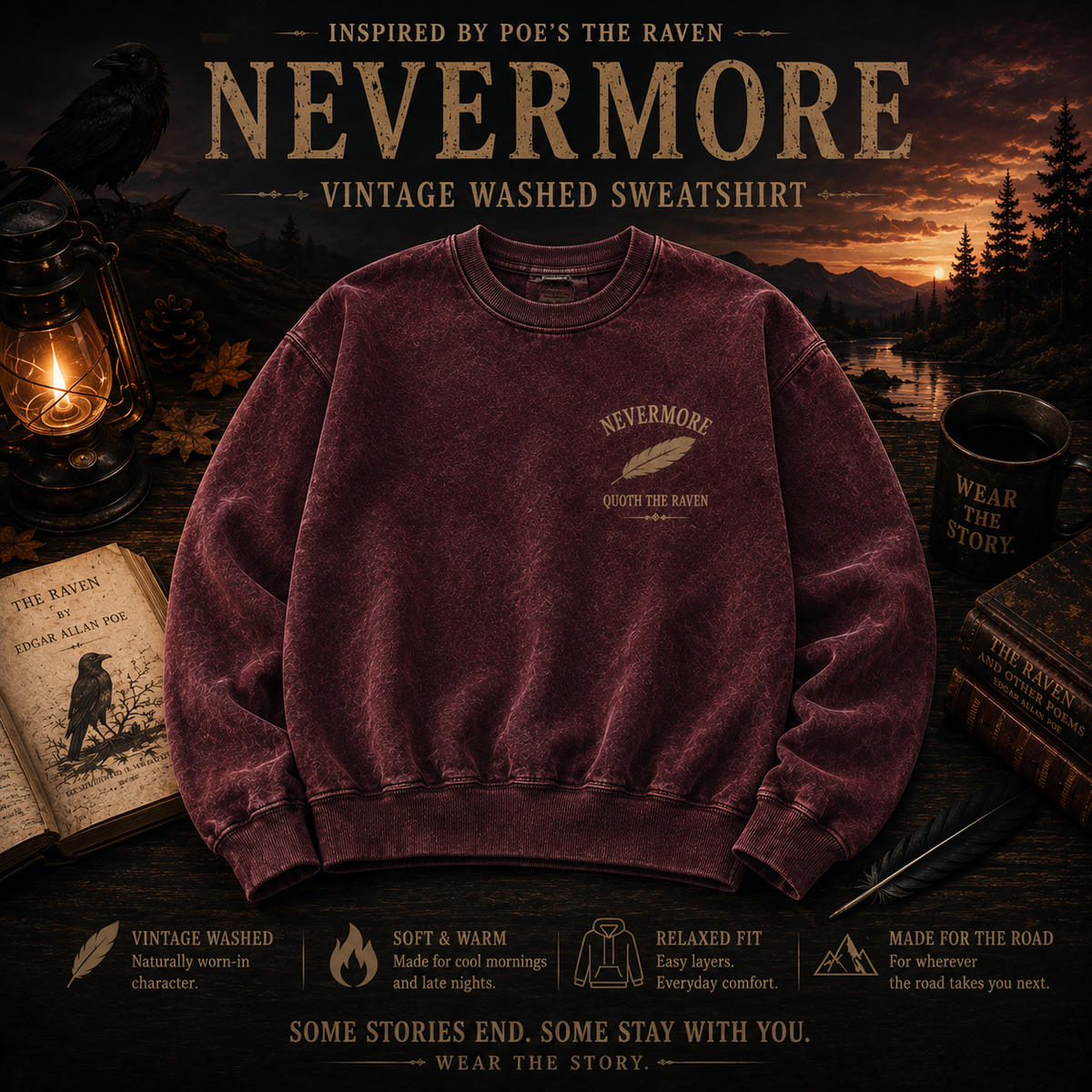 NEVERMORE Vintage Washed Hoodie – Inspiriert von Poes Der Rabe