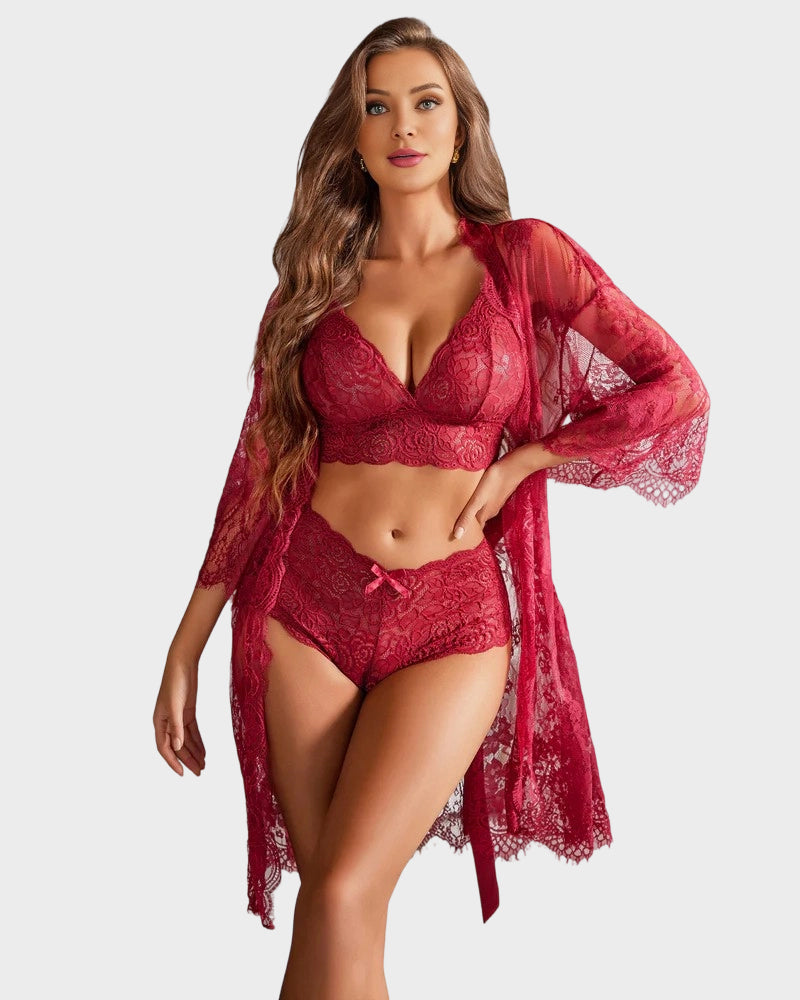 3-Piece Sheer Floral Lace Sleepwear Set