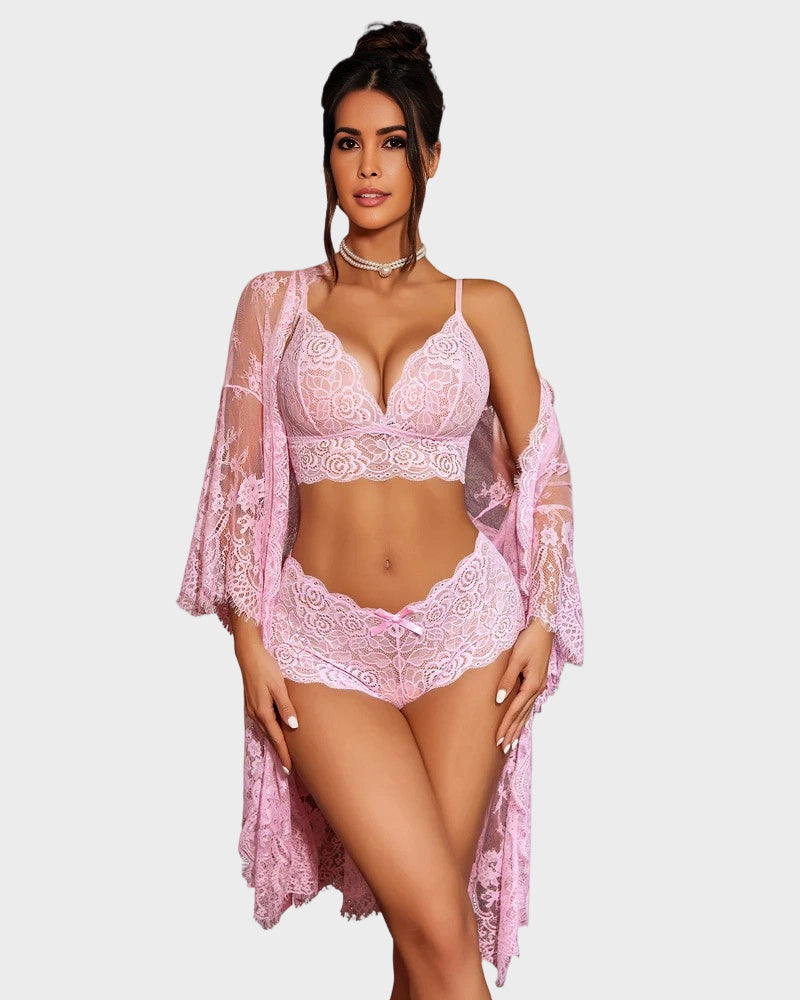 3-Piece Sheer Floral Lace Sleepwear Set
