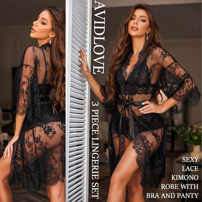 3-Piece Sheer Floral Lace Sleepwear Set