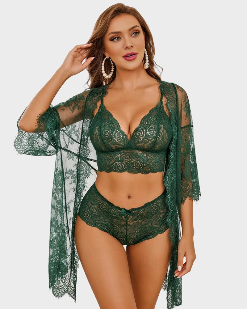 3-Piece Sheer Floral Lace Sleepwear Set