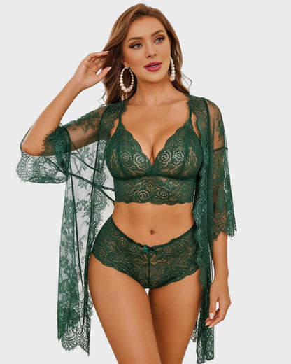 3-Piece Sheer Floral Lace Sleepwear Set