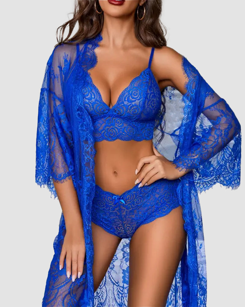 3-Piece Sheer Floral Lace Sleepwear Set