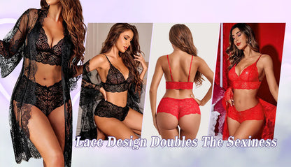 3-Piece Sheer Floral Lace Sleepwear Set