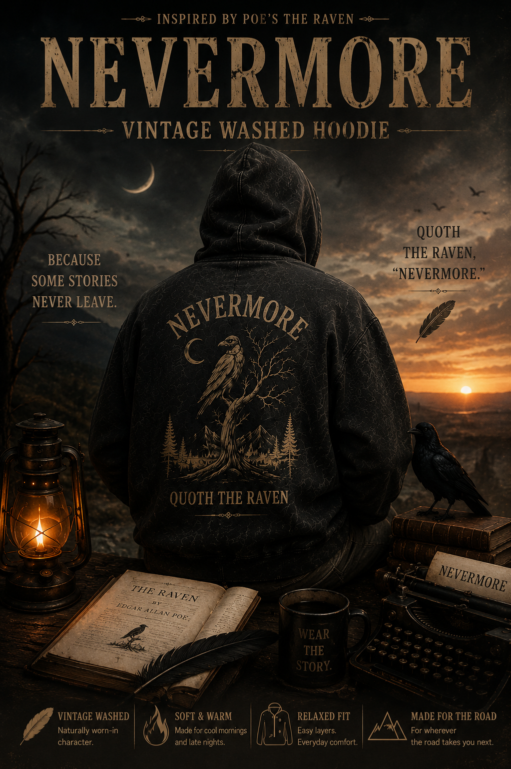 NEVERMORE Vintage Washed Hoodie — Inspired by Poe’s The Raven