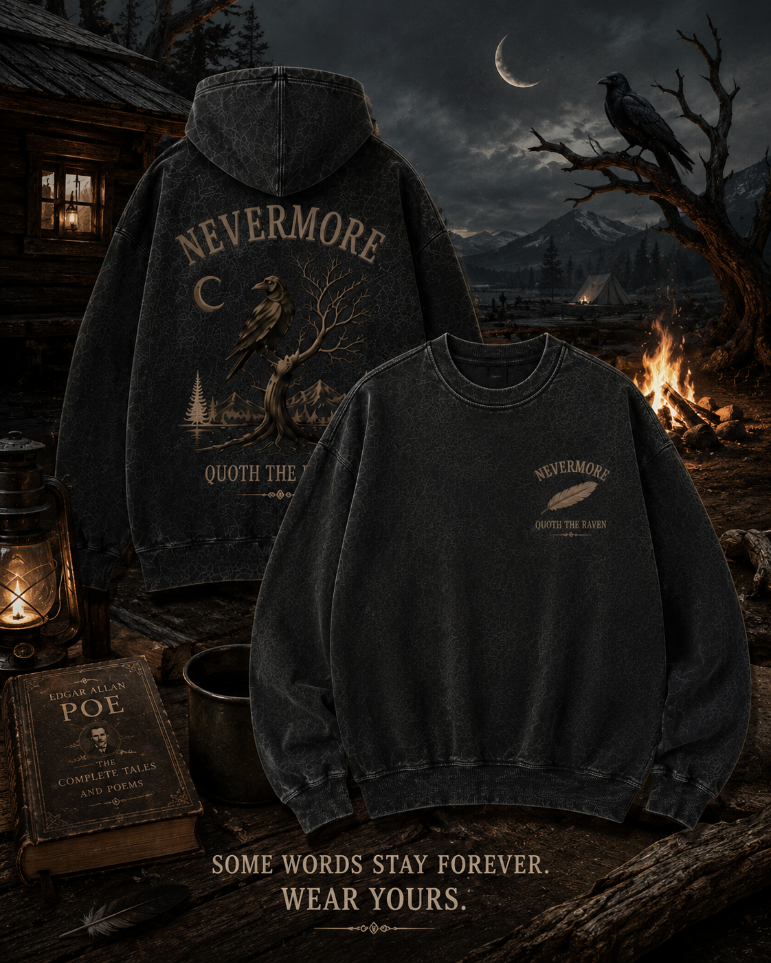 NEVERMORE Vintage Washed Hoodie — Inspired by Poe’s The Raven