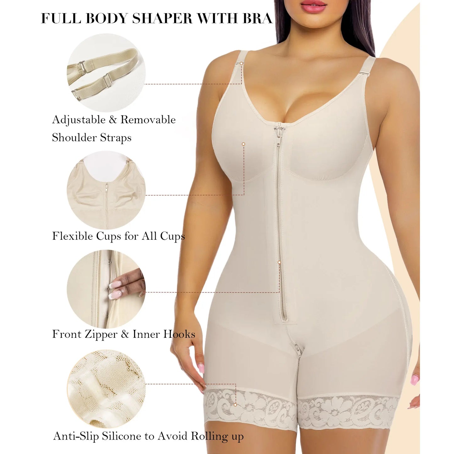 Women’s Colombian Tummy Control Bodysuit Shapewear with Butt Lift & Zipper Crotch