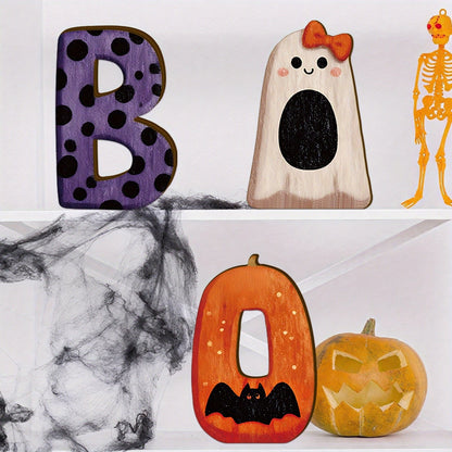 Halloween Wooden "BOO" Tabletop Decoration with Ghost and Bat Motifs