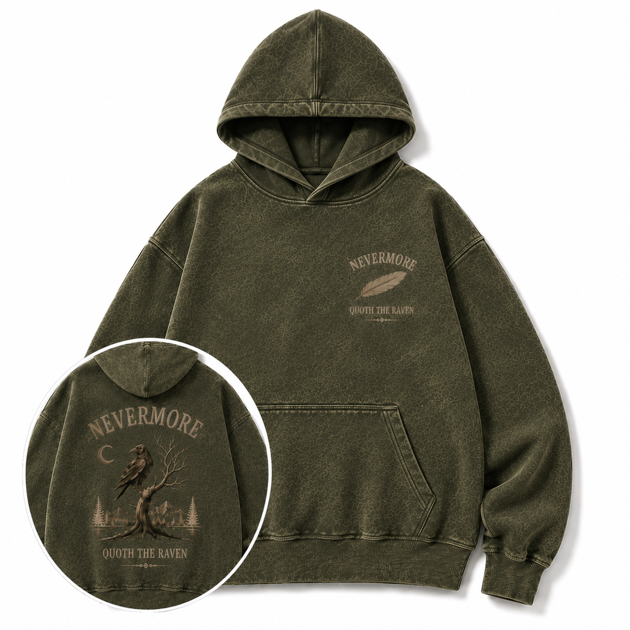 NEVERMORE Vintage Washed Hoodie — Inspired by Poe’s The Raven