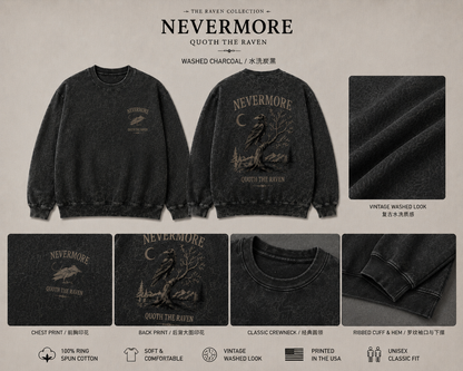 NEVERMORE Vintage Washed Hoodie — Inspired by Poe’s The Raven