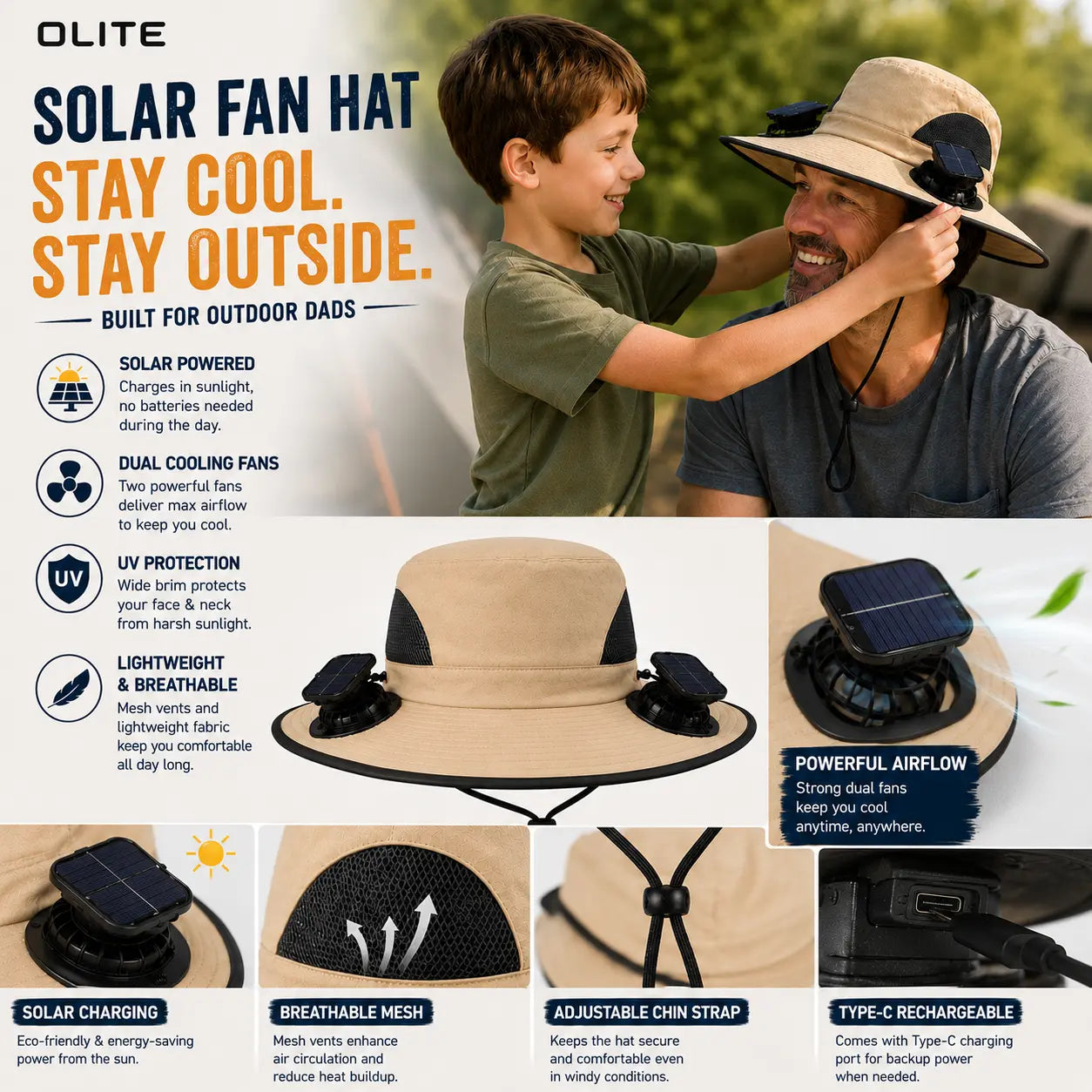 Wireless Solar-Powered Fan Hat – Ideal for Fishing and Hiking – Men's Accessory / Father's Day Gift