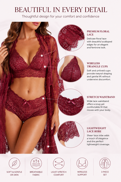 3-Piece Sheer Floral Lace Sleepwear Set