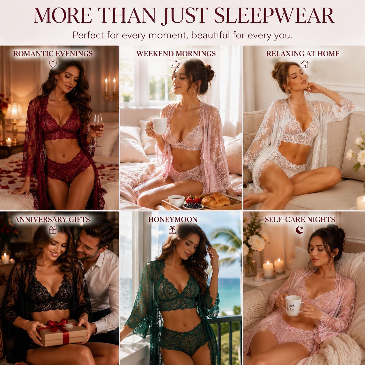 3-Piece Sheer Floral Lace Sleepwear Set