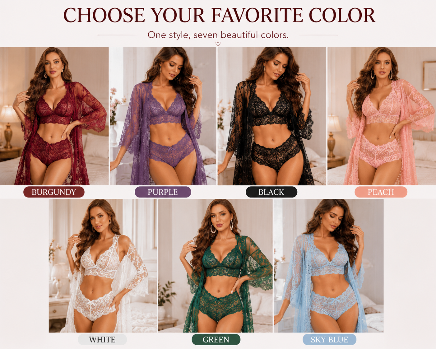 3-Piece Sheer Floral Lace Sleepwear Set