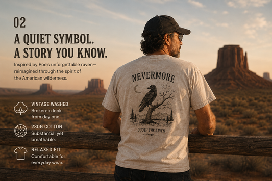 Wear the Story. Nevermore. A vintage-washed Raven tee inspired by Poe’s timeless classic — made for readers, wanderers, and the long road home.