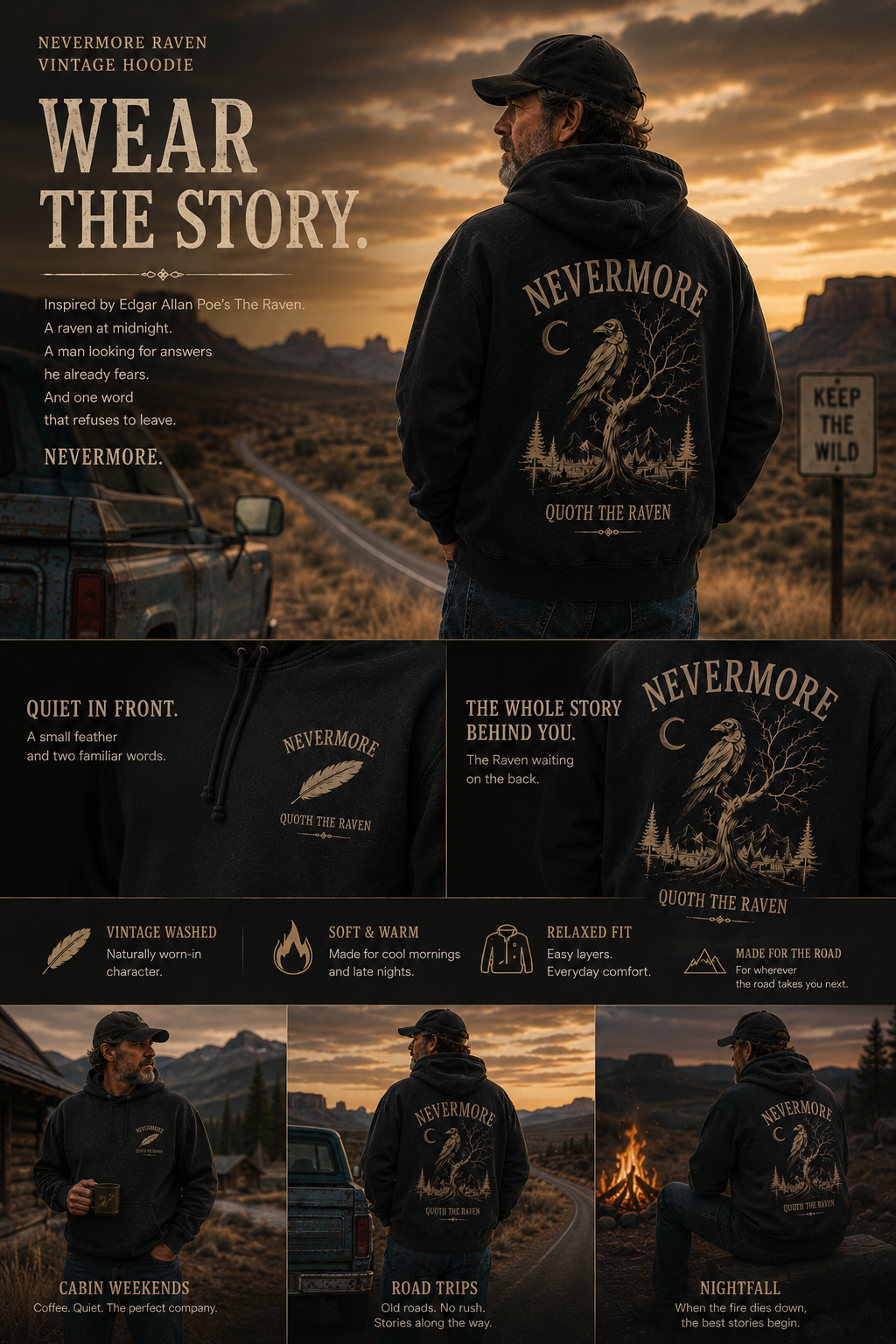 NEVERMORE Vintage Washed Hoodie — Inspired by Poe’s The Raven