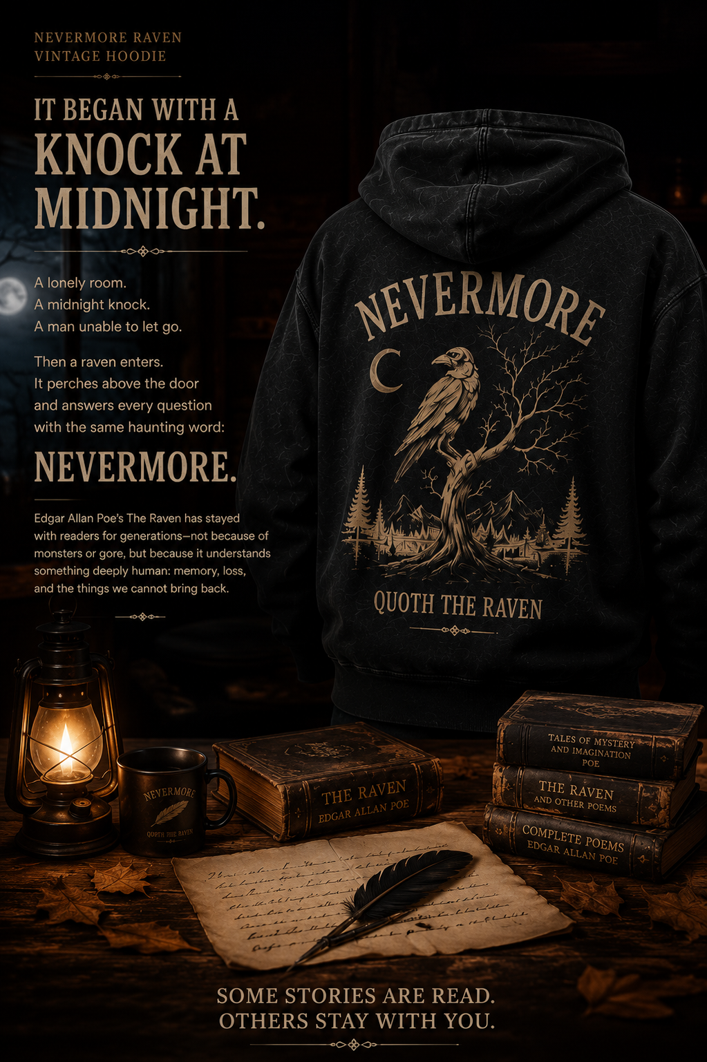 NEVERMORE Vintage Washed Hoodie — Inspired by Poe’s The Raven