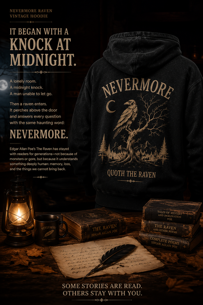 NEVERMORE Vintage Washed Hoodie — Inspired by Poe’s The Raven