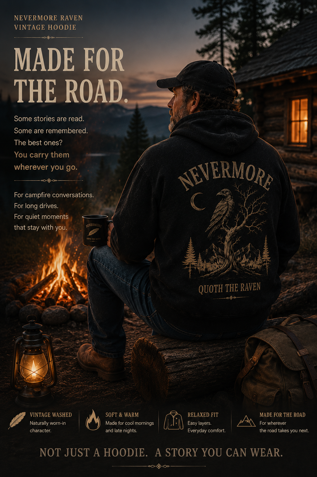 NEVERMORE Vintage Washed Hoodie — Inspired by Poe’s The Raven