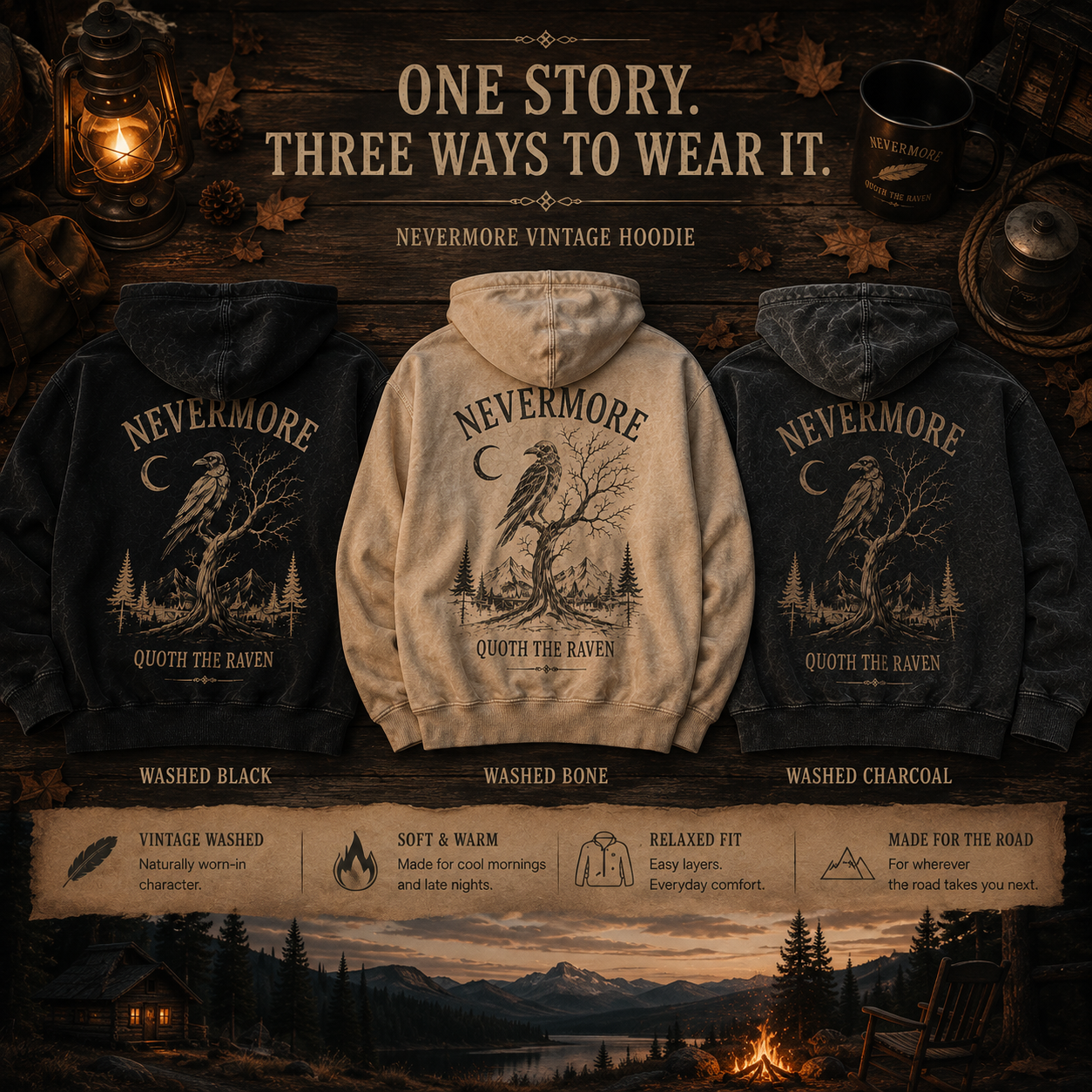 NEVERMORE Vintage Washed Hoodie — Inspired by Poe’s The Raven