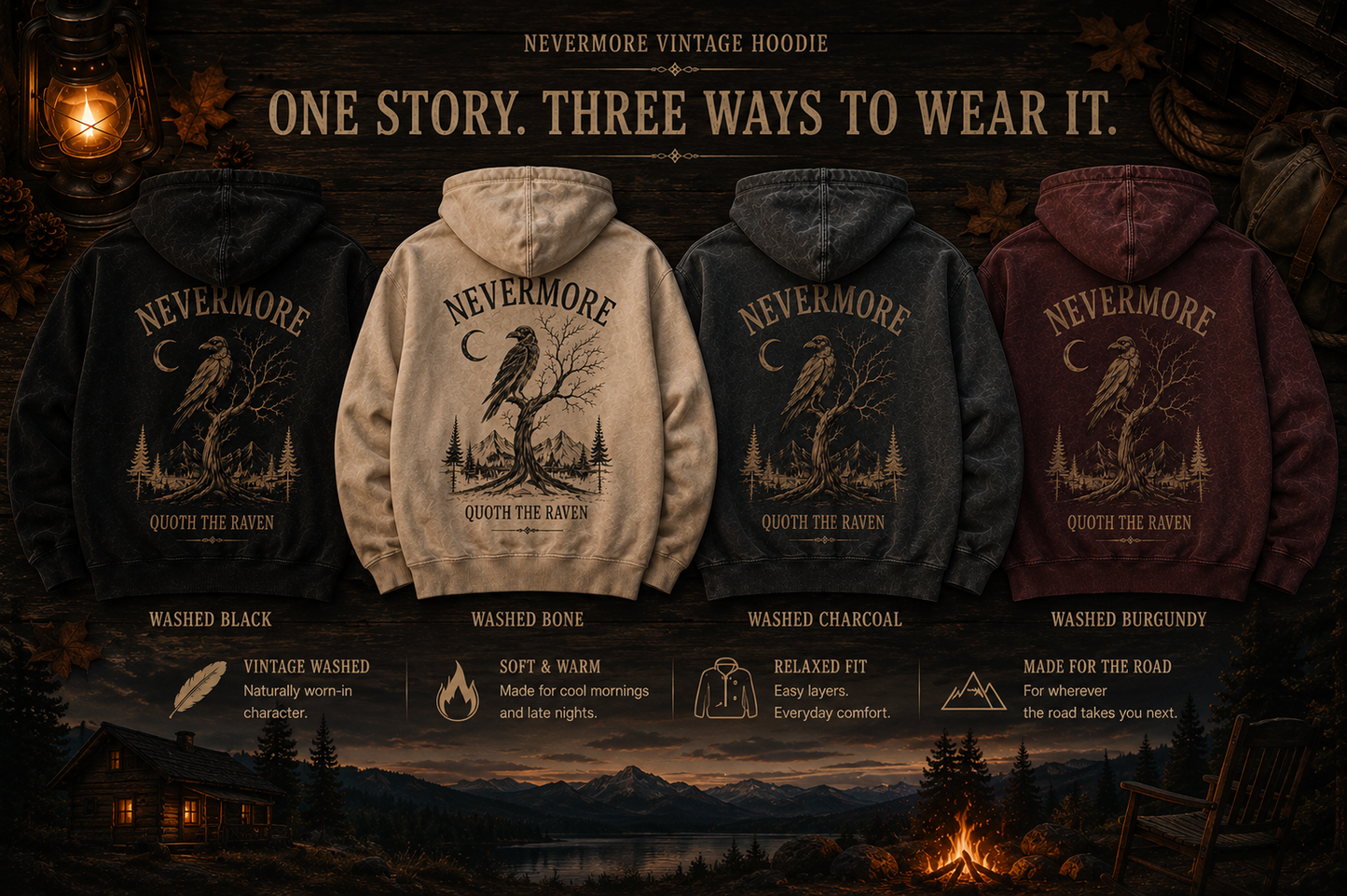 NEVERMORE Vintage Washed Hoodie — Inspired by Poe’s The Raven
