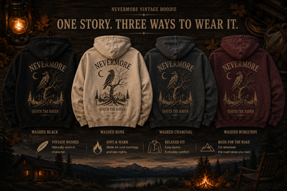 NEVERMORE Vintage Washed Hoodie — Inspired by Poe’s The Raven