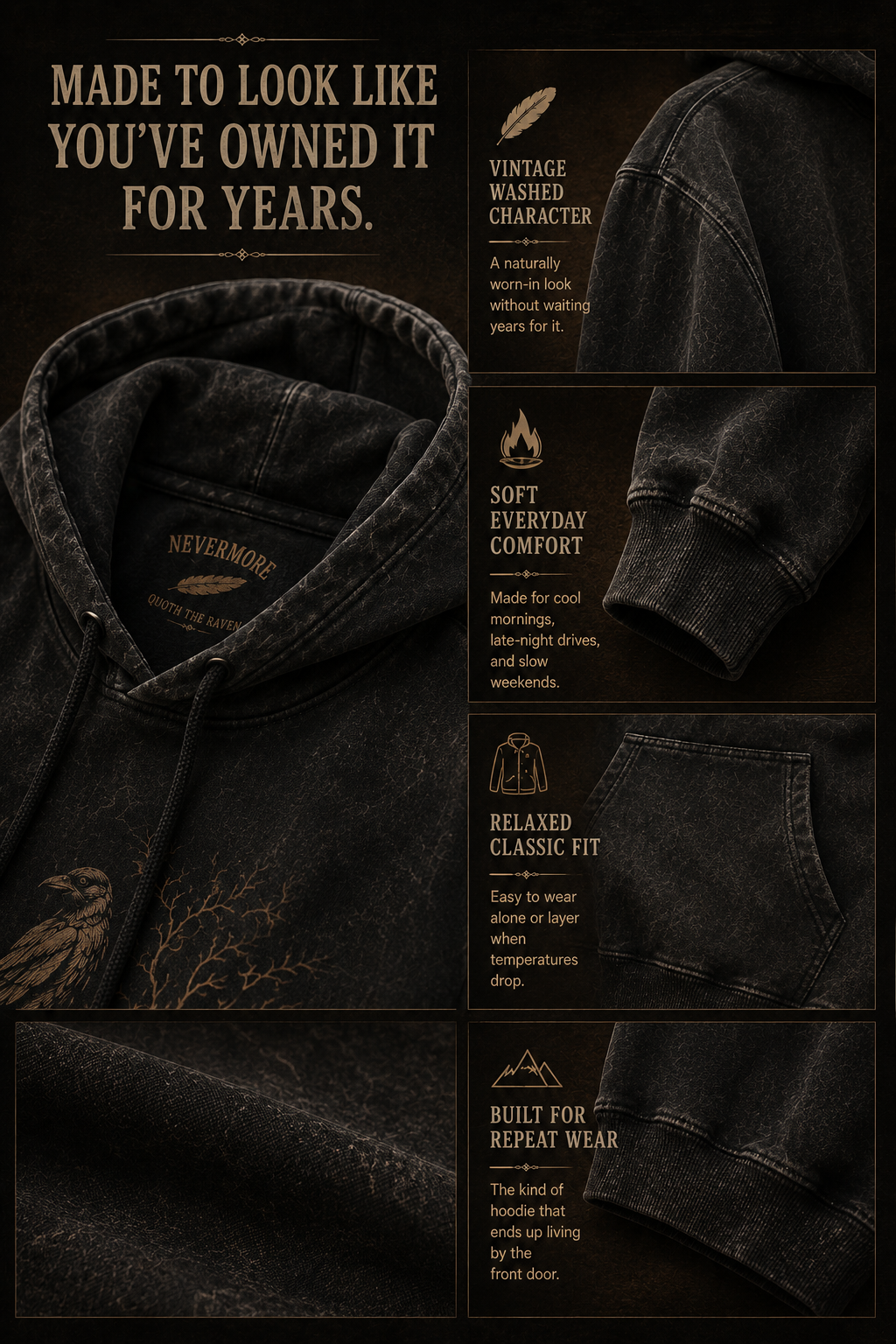 NEVERMORE Vintage Washed Hoodie — Inspired by Poe’s The Raven
