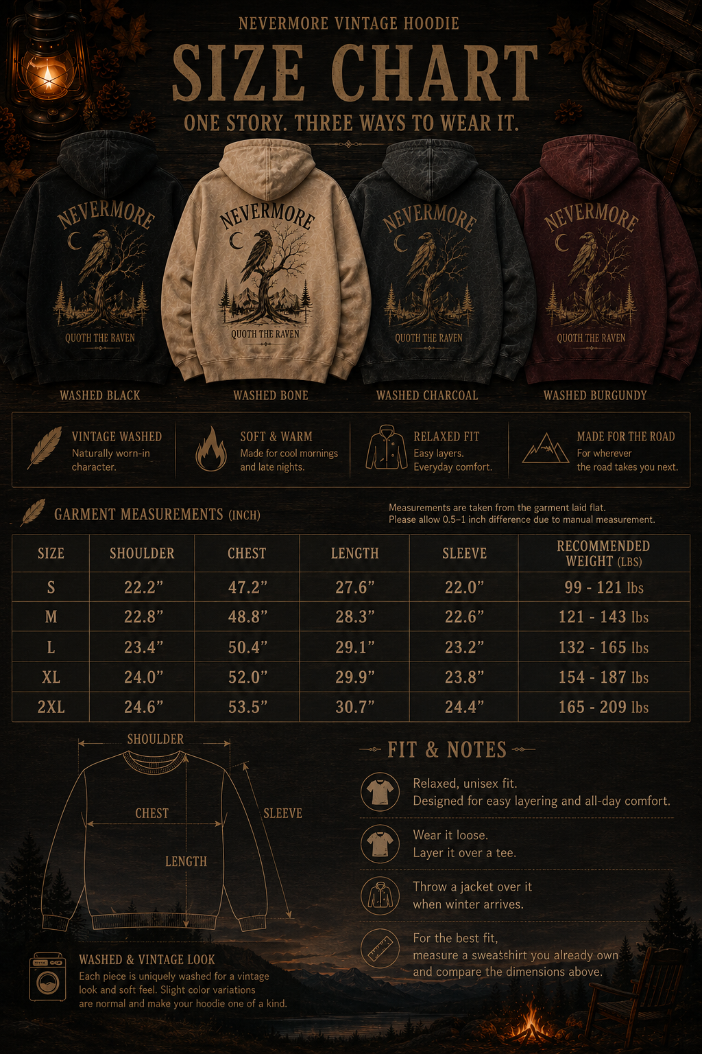 NEVERMORE Vintage Washed Hoodie — Inspired by Poe’s The Raven