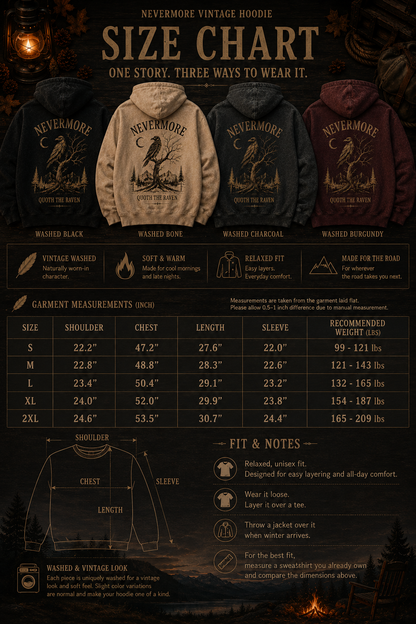 NEVERMORE Vintage Washed Hoodie — Inspired by Poe’s The Raven