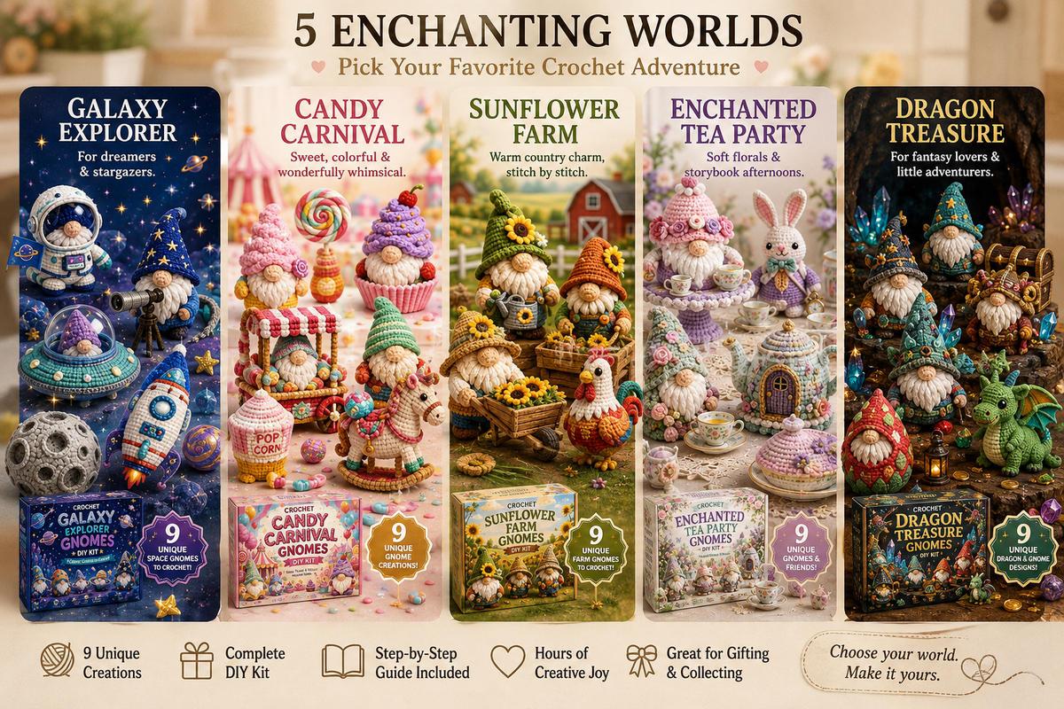 🧶✨ Whimsical Gnome Crochet DIY Kit – 9 Unique CreationsChoose Your World. Pick Up Your Hook. Create Something Wonderful.