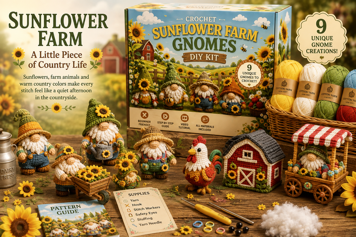 🧶✨ Whimsical Gnome Crochet DIY Kit – 9 Unique CreationsChoose Your World. Pick Up Your Hook. Create Something Wonderful.