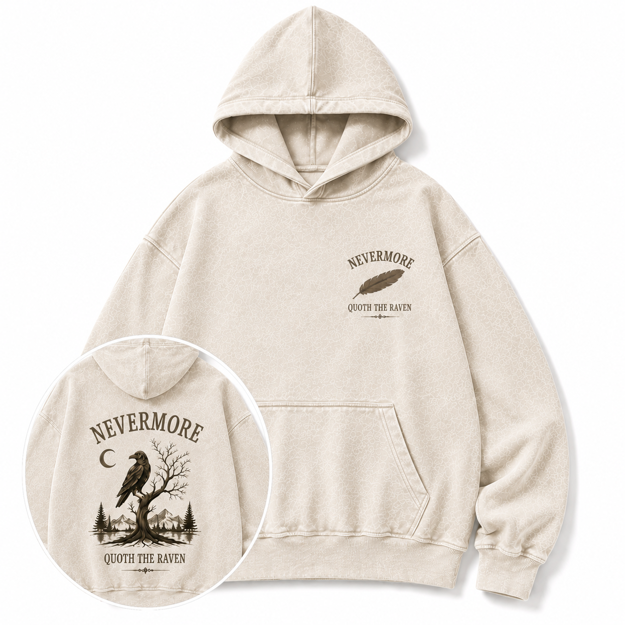 NEVERMORE Vintage Washed Hoodie — Inspired by Poe’s The Raven