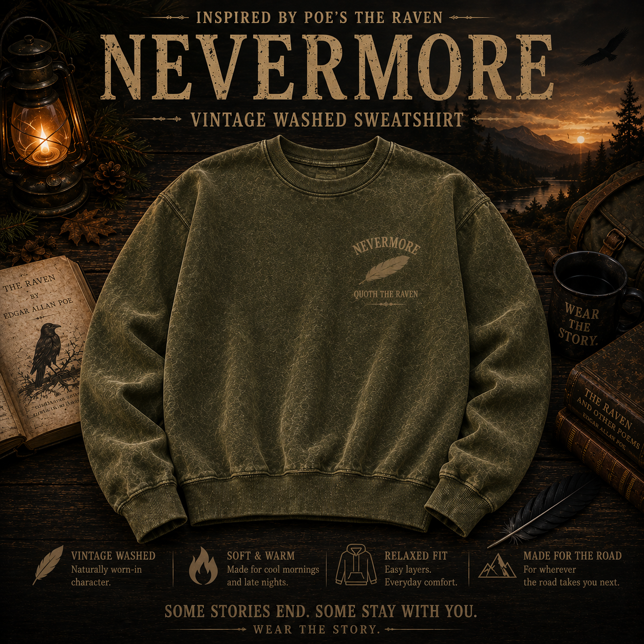NEVERMORE Vintage Washed Hoodie — Inspired by Poe’s The Raven