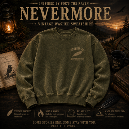 NEVERMORE Vintage Washed Hoodie — Inspired by Poe’s The Raven