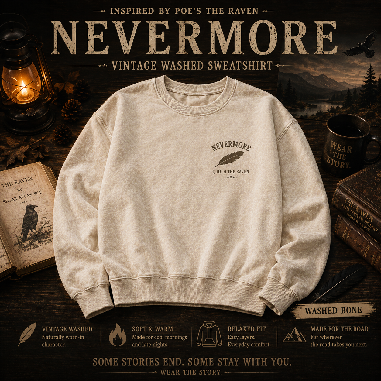 NEVERMORE Vintage Washed Hoodie — Inspired by Poe’s The Raven